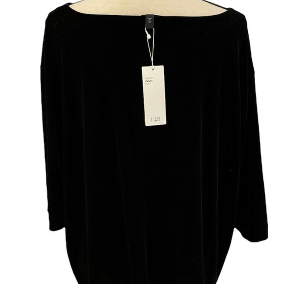 Eileen Fisher Black Velvet Ballet Neck 3/4 Sleeve Box Top - Picture 2 of 2